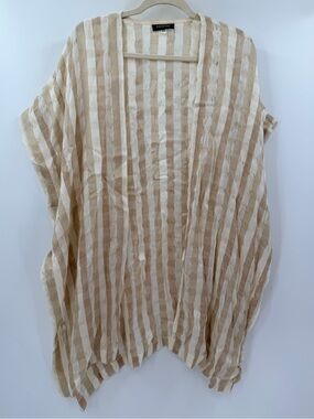 Eskandar Cotton Linen Silk Stripe Gauze Shawl Oversized Poncho Cover Up OS